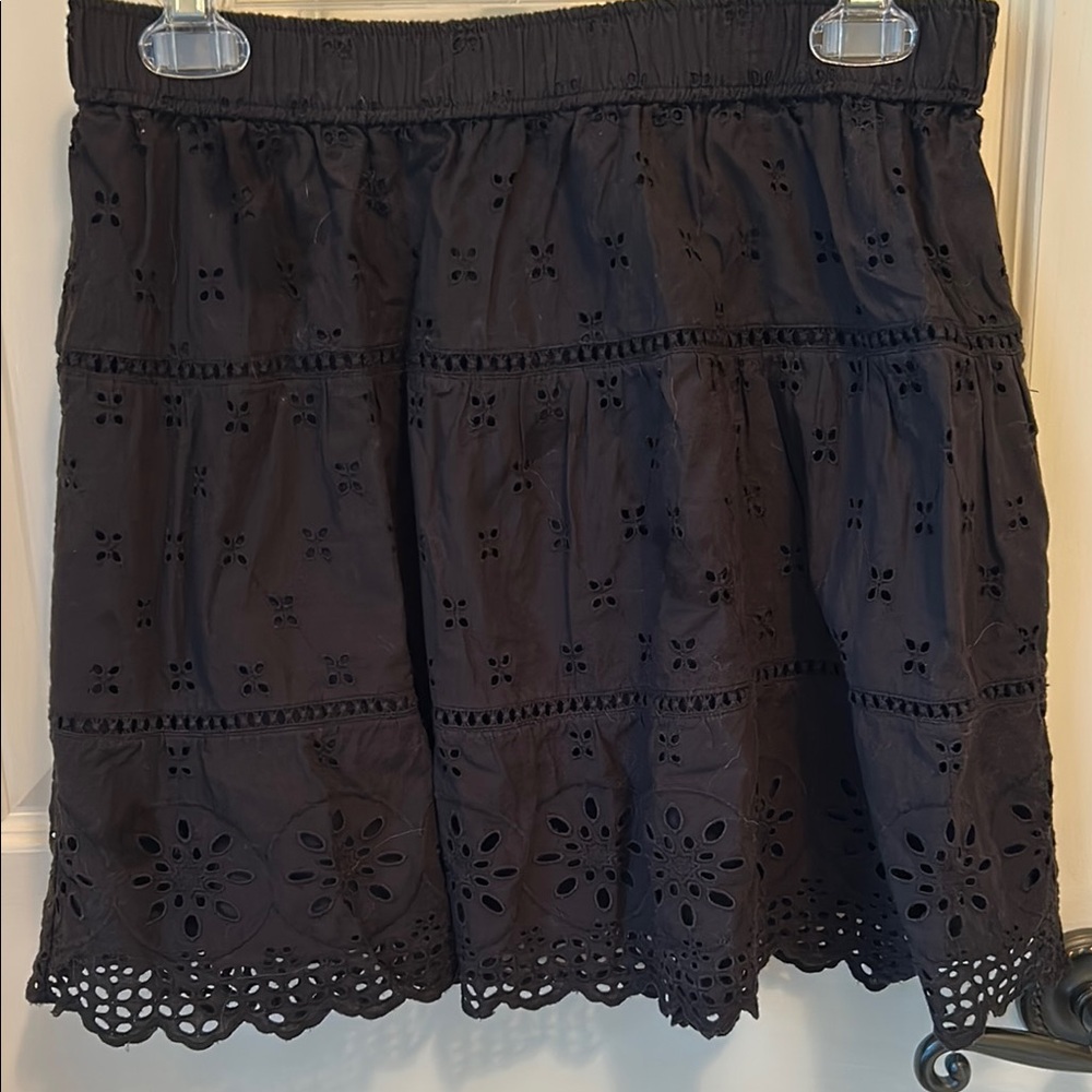 LOFT Black Smocked Eyelet Skater Mini Skirt Size PM. NWOT.